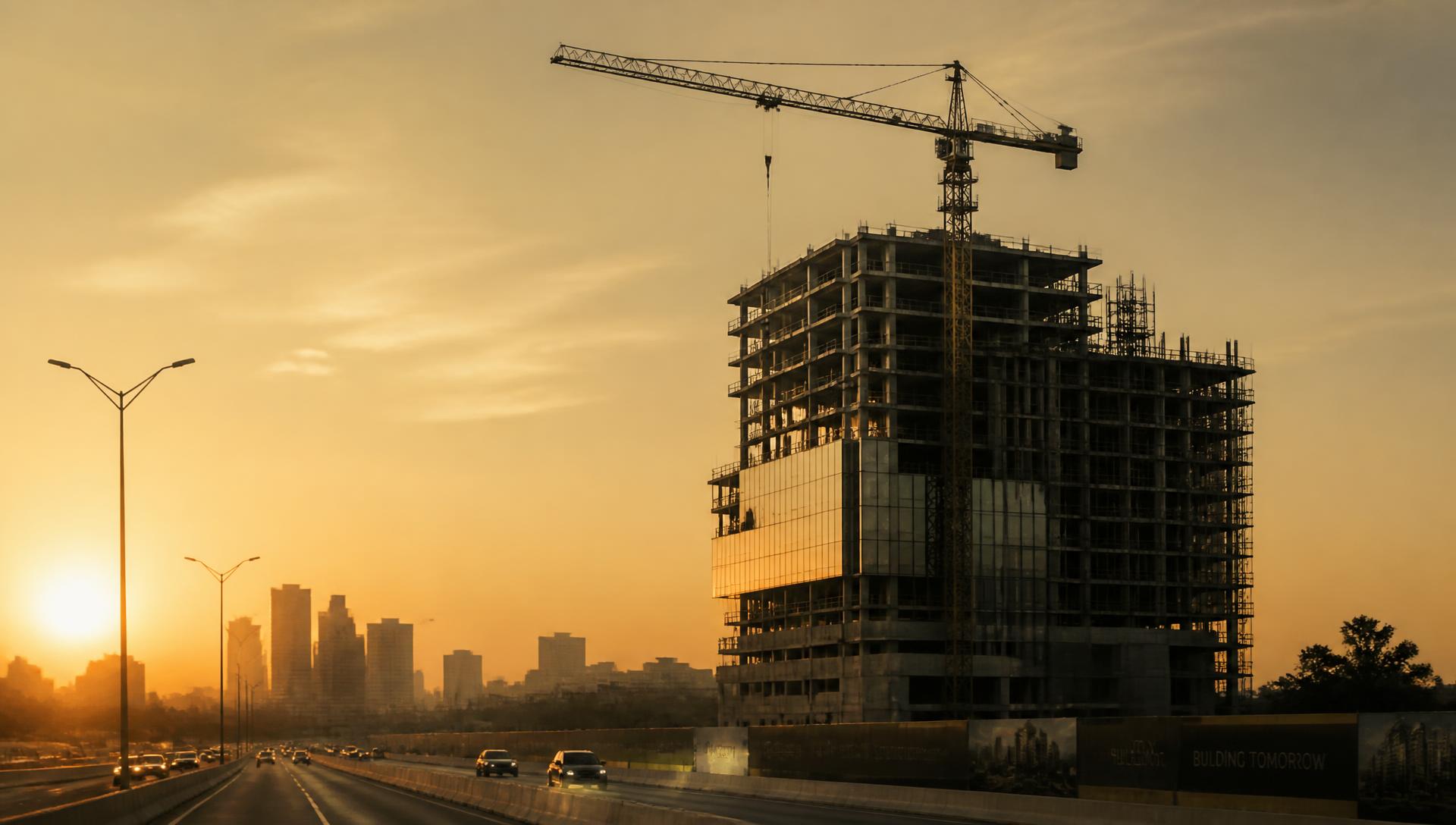 High-rise tower under construction at golden hour with a tower crane above the frame