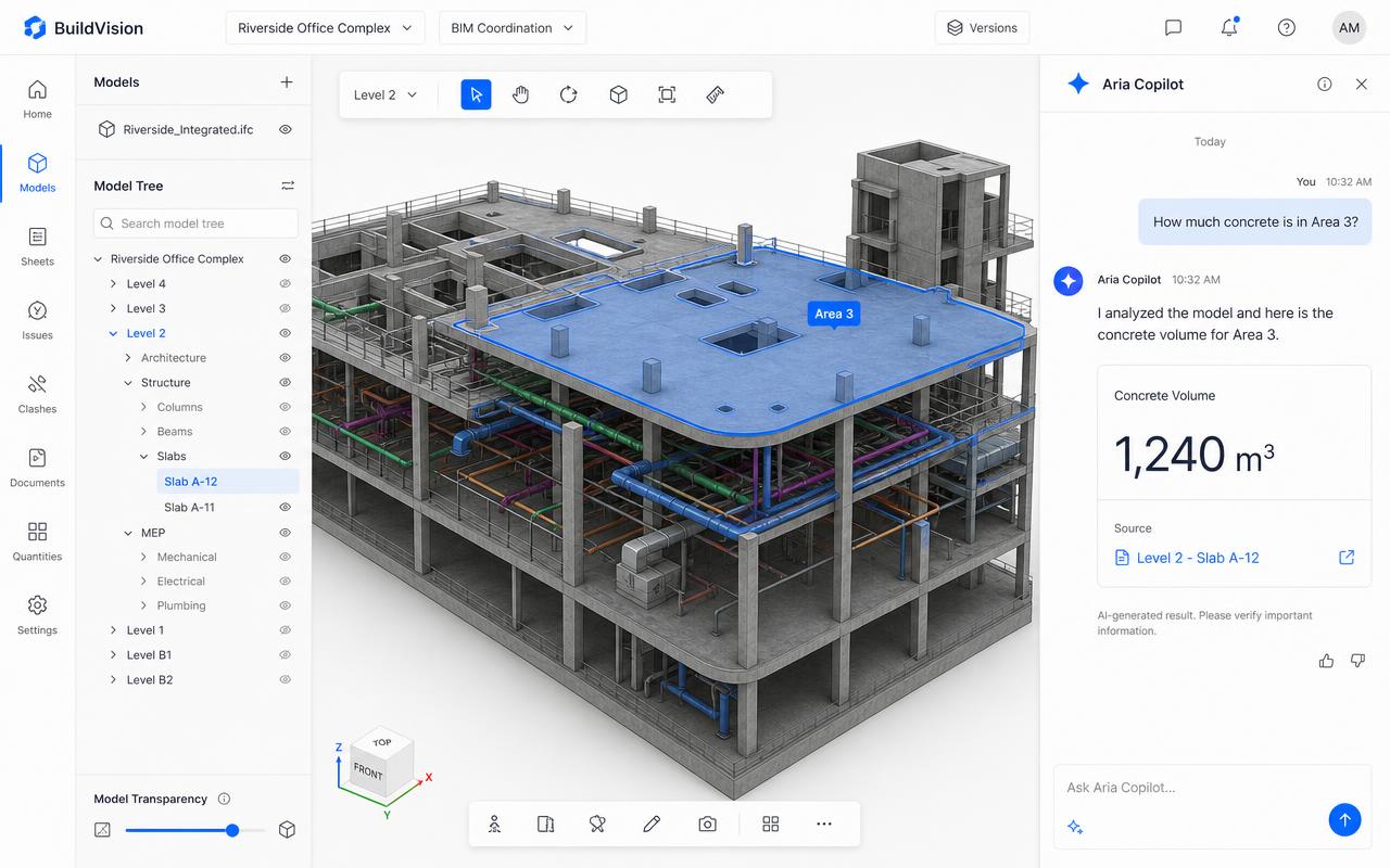 3D BIM viewer with an Aria Copilot panel showing a concrete quantity answer and source link